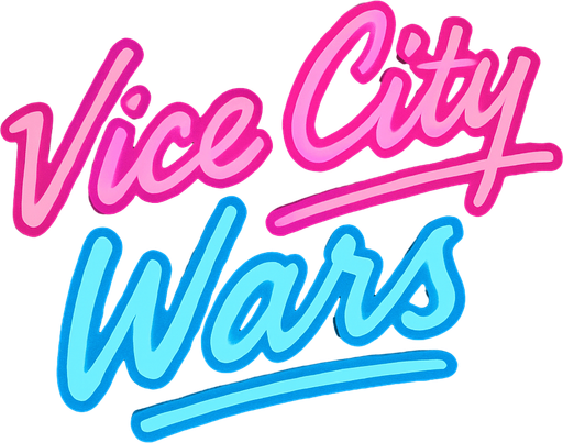 letras de color rosa y azul y con cursiva que digan vice city wars.
In-Game asset.  2d.  High contrast.  No shadows