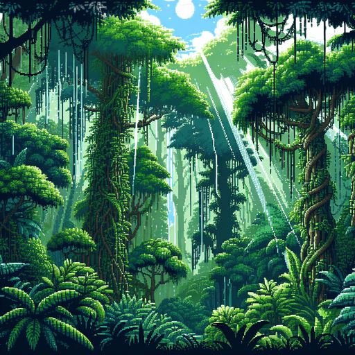 a jungle with light streaming in from above, pixel art

Single Game Texture. In-Game asset. 2d. Blank background. High contrast. No shadows.
