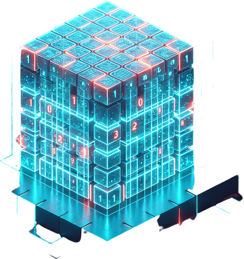 Create an isometric 3D holographic cube resembling a Rubik's cube. The cube should display the top face and two adjacent side faces, each divided into a 3x3 grid of cells. Each cell must contain either a '1' or a '0' in a glowing cyan-blue monospace font, clearly visible on all three visible faces. A few specific cells across the cube should stand out with their binary digits ('1' or '0') highlighted in bright red. The entire cube should have a holographic look, with glowing gridlines separating the cells and a subtle flicker effect. Ensure the cube appears suspended in mid-air, projecting from a base below, with soft lighting and a sci-fi ambiance..
Single Game Texture. In-Game asset. 2d. Blank background. High contrast. No shadows.