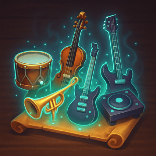 Design an icon for a button labeled "Towers" in a fantasy tower defense game set in a haunted concert hall. The icon should clearly represent access to a selection of instrument-based defense towers.

Use a stylized rack or display of musical instruments arranged like tower miniatures: a drum, violin, trumpet, electric guitar, and DJ deck. They should look magical and glowing slightly, as if floating or placed on a scroll or magical stand.

The icon should be square (256×256 px), clean and readable at small sizes.
Background should be subtle—wood, velvet, or magical mist—but not distracting.
The icon must not include text, only imagery.
Style: digital painted or semi-flat fantasy UI, fitting with a classical, magical orchestral theme..
In-Game asset.  2d.  High contrast.  No shadows