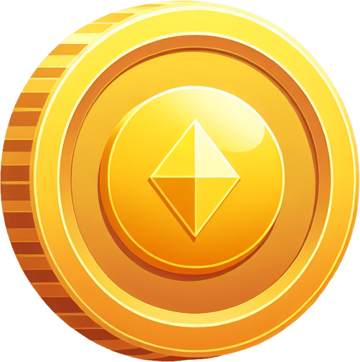 Yallow gold coin.
Single Game Texture. In-Game asset. 2d. Blank background. High contrast. No shadows.