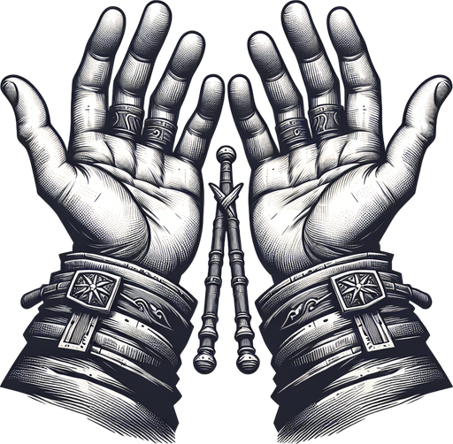 hands of wizard in idle position from first person perspective.
Single Game Texture.  In-Game asset.  2d.  Blank background.  High contrast.  No shadows