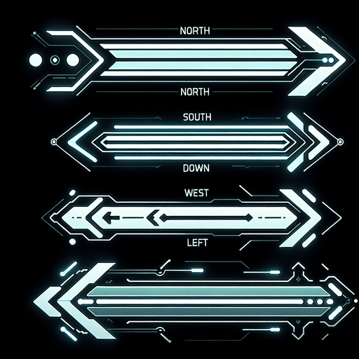 A set of dynamic, futuristic arrow indicators designed for a top-down 2D game. Each arrow is sleek and glowing, with a minimalistic design to fit a sci-fi aesthetic. The set includes four arrows pointing in cardinal directions: up, down, left, and right. These arrows have a subtle animated glow effect and are designed to overlay on a game floor to indicate navigable doorways after clearing a room. They are semi-transparent to avoid obstructing the gameplay view..
Single Game Texture. In-Game asset. 2D. Blank background. High contrast. No shadows. Includes four glowing arrows for cardinal directions (up, down, left, right). Designed for overlay on the game floor, semi-transparent with a glowing effect.