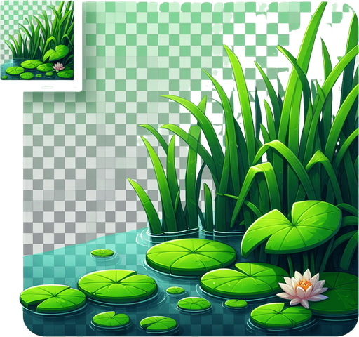 Green reeds with Lilly pad.
Single Game Texture.  In-Game asset.  2d.  Blank background.  High contrast.  No shadows