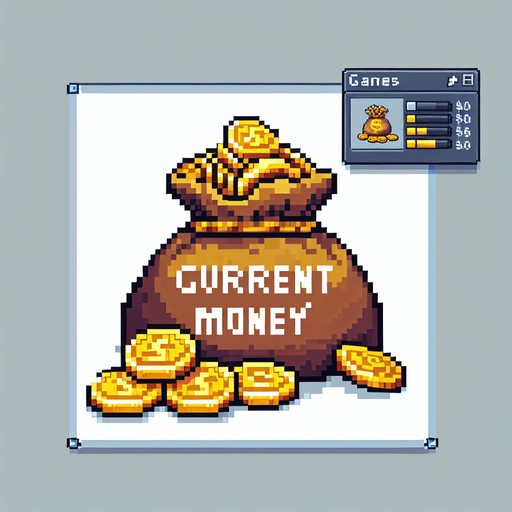 Genera una bolsa de monedas de oro que diga "current money" en pixel art.
Single Game Texture.  In-Game asset.  2d.  Blank background.  High contrast.  No shadows