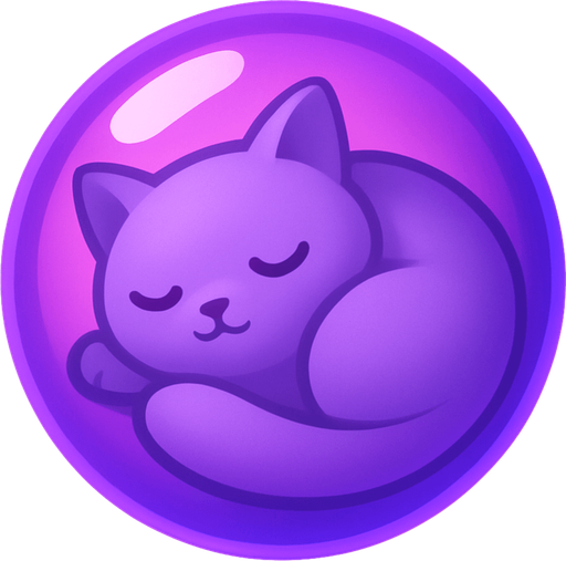 A purple bubble featuring a sleepy cat curled up inside, soft and dreamy, stylized for mobile game.
In-Game asset.  2d.  High contrast.  No shadows