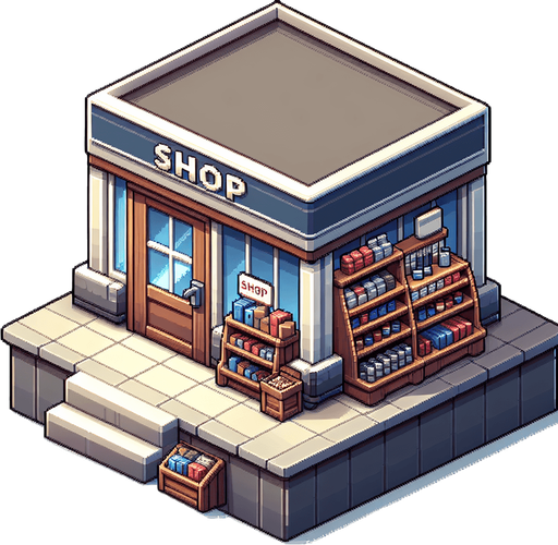 Make it look like a shop.
Single Game Texture.  In-Game asset.  2d.  Blank background.  High contrast.  No shadows