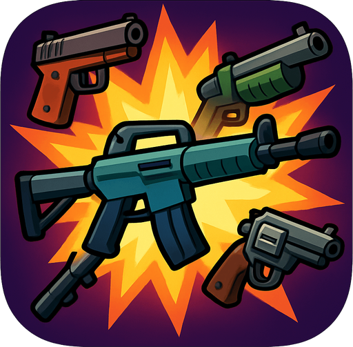 Modern App Store icon, high definition, square with rounded corners, for a game titled "Lots of Guns" and with the description "A frantic 2D shooter where you collect and use a huge variety of guns, each with unique effects, to survive endless waves of enemies and rack up the highest score.". No text on icon!