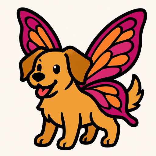 Chien avec des ailes de fée.
In-Game asset.  2d.  High contrast.  No shadows