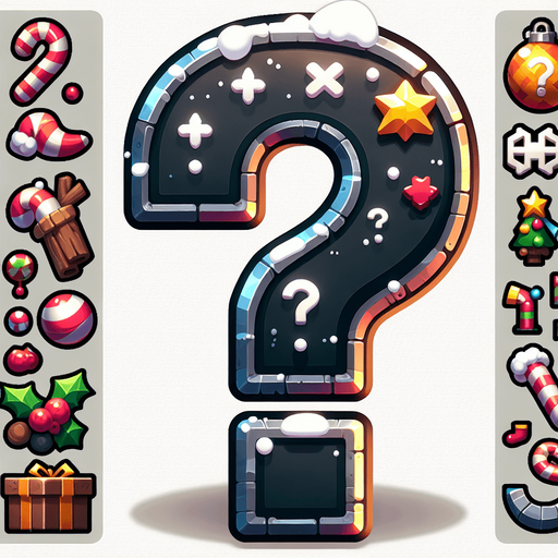 cartoon christmas inspired question mark
Single Game Texture. In-Game asset. 2d. Blank background. High contrast. No shadows.