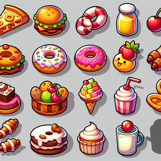 cartoon food.
Single Game Texture.  In-Game asset.  2d.  Blank background.  High contrast.  No shadows