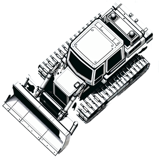Bulldozer viewed strictly from top. Top view as if we are a drone..
Single Game Texture. In-Game asset. 2d. Blank background. High contrast. No shadows.