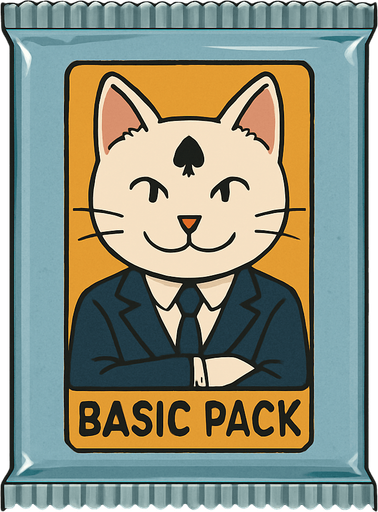 The white cat from this picture looking straight forwards and smiling, with his arms crossed on the front of a booster pack of collectible cards in plastic and seen from the front. The words “Basic Pack” on the pack underneath the picture.
