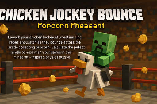 Fullscreen modern App Store landscape banner, 16:9, high definition, for a game titled "Chicken Jockey Bounce: Popcorn Pheasant " and with the description "Launch your chicken jockey at wrestling ring ropes and watch as they bounce across the arena collecting popcorn. Calculate the perfect angle to maximize your points in this Minecraft-inspired physics puzzle game.". Chicken Jockey text on banner! Add baby zombie riding the chicken