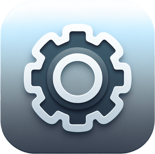 A square app store icon with rounded edges, designed for a Settings app. The icon features a simple gear symbol in the center, cleanly outlined with smooth lines. The background is a gradient of grey to dark blue, with a subtle glow around the gear, maintaining a modern and minimalistic aesthetic..
Single Game Texture. In-Game asset. 2d. Blank background. High contrast. No shadows.