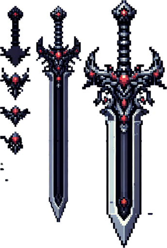 pixel art of an evil fantasy sword facing downward. Minor red details.
Single Game Texture. In-Game asset. 2d. Blank background. High contrast. No shadows.
