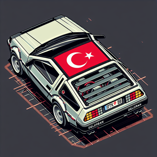 DeLorean car, seen from behind Top down, gta2, Single Game Texture. In-game asset. 2d. Empty background. High contrast. No shadows. isometric. Use modified car with turkish flag..
Single Game Texture. In-Game asset. 2d. Blank background. High contrast. No shadows.