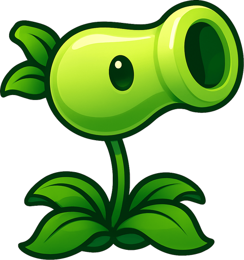 una planta de color verde brillante con forma de pistola vegetal: su “cañón” cilíndrico, ligeramente más ancho en la boca, luce un tono verde claro con un suave degradado y un brillo que le da volumen. Sus ojos son dos círculos lisos y oscuros, casi sin pupila, que le aportan un aire simpático y sencillo. El cuerpo descansa sobre un tallo delgado y flexible, sostenido por cuatro hojas arqueadas y onduladas en la base, de un verde más intenso, que sirven de “pies” y refuerzan su aparienciauna planta de color verde brillante con forma de pistola vegetal: su “cañón” cilíndrico, ligeramente más ancho en la boca, luce un tono verde claro con un suave degradado y un brillo que le da volumen. Sus ojos son dos círculos lisos y oscuros, casi sin pupila, que le aportan un aire simpático y sencillo. El cuerpo descansa sobre un tallo delgado y flexible, sostenido por cuatro hojas arqueadas y onduladas en la base, de un verde más intenso, que sirven de “pies” y refuerzan su apariencia.
In-Game asset.  High contrast.  No shadows