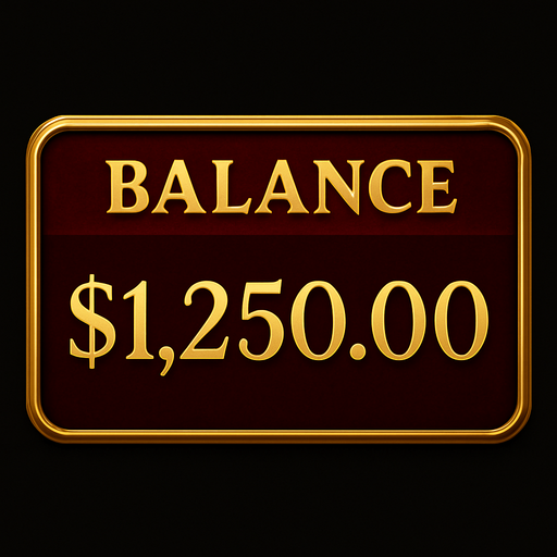 Crea un asset visual para un panel de visualización del 'BALANCE' del jugador, con la palabra 'BALANCE' ubicada en la parte superior.

Objetivo: Un espacio claro, elegante y prominente para mostrar el saldo monetario, coherente con la estética de lujo del casino 'La Tentación Dorada', con la etiqueta 'BALANCE' en la parte superior para facilitar su identificación.

Diseño:

Forma: Un panel rectangular horizontal, con bordes suavemente redondeados o un diseño elegante.

Material/Textura: Acabado metálico pulido (dorado, plateado) o un fondo de terciopelo oscuro (negro, rojo vino, azul noche).

Texto Fijo (Arriba): La palabra 'BALANCE' (o 'SALDO') debe ubicarse en la parte superior del panel, centrada o alineada a la izquierda/derecha según el diseño. Utiliza una tipografía limpia, legible y de estilo casino, en un tamaño adecuado para ser una etiqueta.

Espacio para el Valor (Abajo): Debe haber un espacio claro y destacado debajo de la palabra 'BALANCE' para que el valor numérico del sa.
In-Game asset.  2d.  High contrast.  No shadows