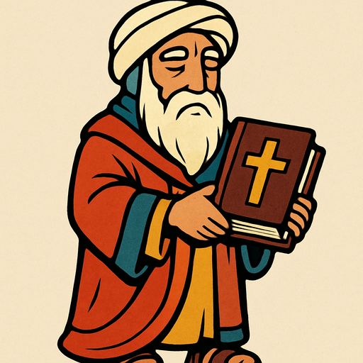 2D character that looks like a prophet and holds a holy book in his hand..
In-Game asset.  2d.  High contrast.  No shadows