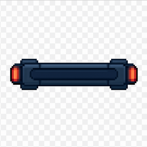 A horizontal paddle for a 2D breakout arcade game, styled like a laser weapon but without active lasers.
Color: dark metallic blue with red glowing accents on each side, similar to a powered-down version of a laser cannon.
Keep the same shape and style as a laser paddle but make it look inactive.
Top-down view, centered, transparent background.
Resolution: 128x32 px.