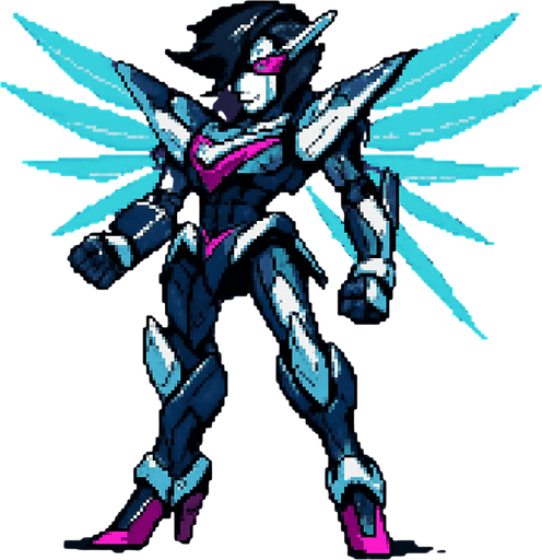Appearance: An advanced and dramatically redesigned robotic version of Mettaton. It has futuristic armor, energy wings, and a stylized design reminiscent of an anime mecha. He have a heels, 2d pixel art
