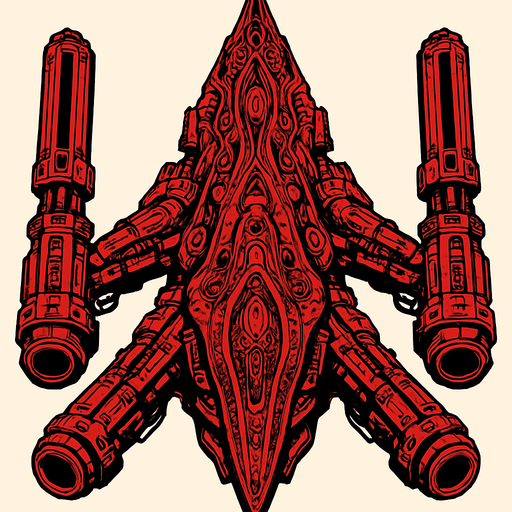 Giant bordeux ostentatious alien ship with ostentatious giant guns. Looking straightly down
In-Game asset.  2d.  High contrast.  No shadows