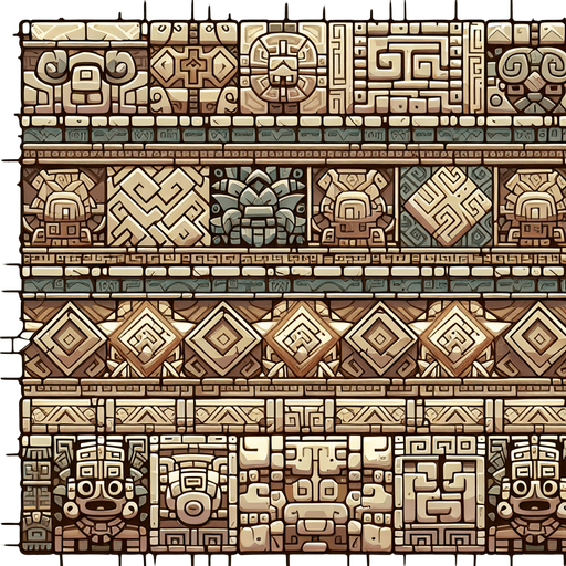 chibi inca aztec wall pattern.
Single Game Texture.  In-Game asset.  2d.  Blank background.  High contrast.  No shadows