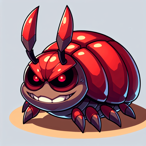 a cartoon bug. evil looking. red and brown color..
Single Game Texture. In-Game asset. 2d. Blank background. High contrast. No shadows.