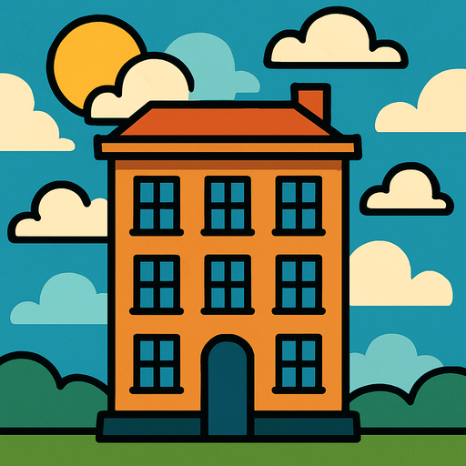 cloudy sunny building background.
In-Game asset.  2d.  High contrast.  No shadows