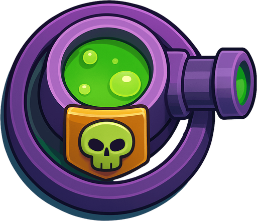 Crea la Torre Poison en un estilo 2D renderizado, limpio y cartoonish, con contornos claros y definidos, colores vibrantes con transiciones suaves, y sombreado que da volumen a sus superficies superiores.
La perspectiva debe ser VISTA CENITAL (totalmente desde arriba). Esto significa que la torre se verá como si estuviera siendo observada directamente desde arriba, con los detalles de su parte superior siendo prominentes.
La base de la torre debe ser circular para permitir un movimiento de cañón cómodo. La salida del veneno o el cañón debe apuntar hacia la DERECHA.
La torre debe tener un perfil bajo y la menor cantidad de relieve vertical posible para facilitar una rotación fluida en la animación..
In-Game asset.  2d.  High contrast.  No shadows