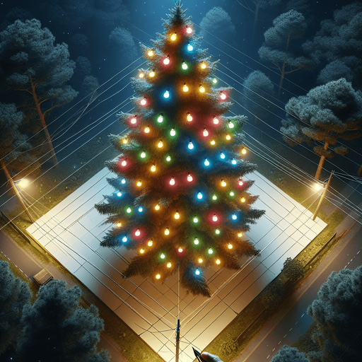 Photorealistic pine tree in night light with color lightbulbs, top view