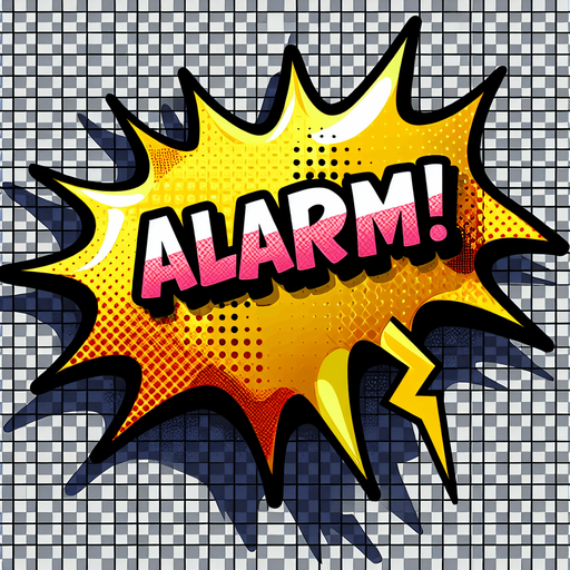 "ALARM" text bubble yellow, comic book style..
Single Game Texture. In-Game asset. 2d. Blank background. High contrast. No shadows.