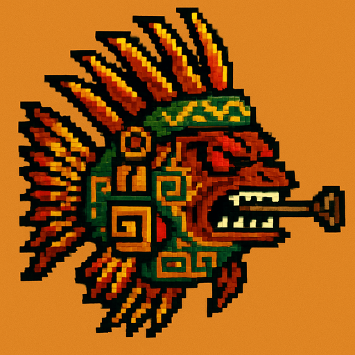 Genérame una Pez leon guerrero azteca con eso patrones, estilo pixelar, con una apariencia maligna, ojos rojos, rabioso. Unidad a distancia, con cerbatana. Animal.
In-Game asset.  2d.  High contrast.  No shadows
