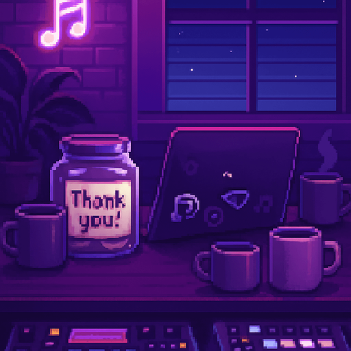 A 2048x2732 vertical pixel art background for a “Support Us” screen in a rhythm-based pixel art game. The scene continues the cozy neon-lit DJ room theme from the main menu, but zooms in slightly on the desk. A pixel-art tip jar labeled “Thank you!”, a laptop covered in music-themed stickers, coffee mugs, and glowing synth equipment are visible. Lighting remains dreamy and lo-fi with purples and soft blues. The mood feels warm, humble, and inviting. No characters or text — just the environment.. In-Game asset. 2d. High contrast. No shadows.
In-Game asset.  2d.  High contrast.  No shadows