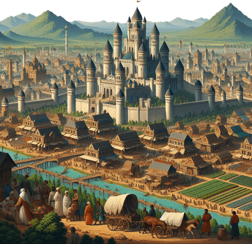 "A grand medieval-fantasy empire in a semi-realistic art style, featuring a thriving kingdom with towering castles, bustling trade markets, and well-planned roads connecting different towns. The scene includes farmers tending fields, merchants with carts full of goods, soldiers guarding the city gates, and distant mountains on the horizon. Defensive walls protect the kingdom, while caravans move across a strategic trade route. The environment is vibrant, with lush greenery, rivers flowing through the land, and players directing resource management and expansion from a bird's-eye view.".
Single Game Texture.  In-Game asset.  2d.  Blank background.  High contrast.  No shadows