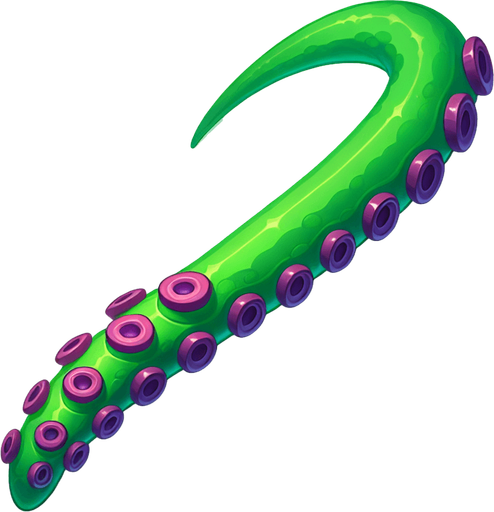 A outstretched straight octopus tentacle. Green with purple suckers. Cartoon..
Single Game Texture.  In-Game asset.  2d.  Blank background.  High contrast.  No shadows