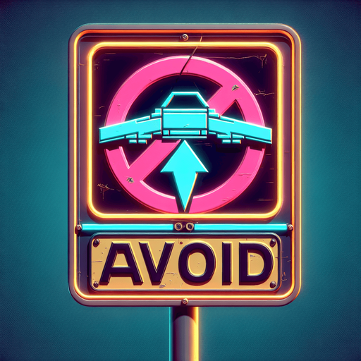 retro sign that says "avoid" with an flying car symbol in neon colors.
Single Game Texture. In-Game asset. 2d. Blank background. High contrast. No shadows.