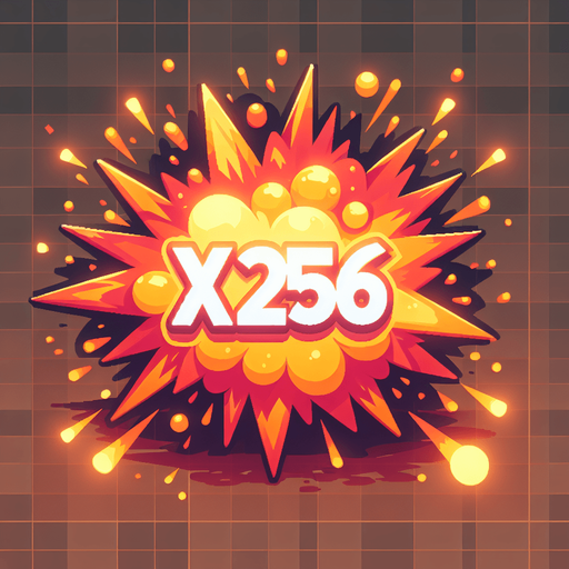 爆炸，里面有“X256”的字样,暖色调.
Single Game Texture. In-Game asset. 2d. Blank background. High contrast. No shadows.