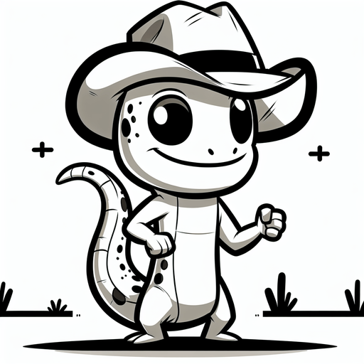 cartoon gecko with a cowboy hat.
Single Game Texture. In-Game asset. 2d. Blank background. High contrast. No shadows.