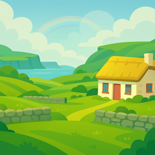 A 2D cartoon-style background inspired by the scenic countryside of Ireland. Include lush green rolling hills, stone fences, a small traditional Irish cottage with a thatched roof, and distant cliffs near the sea. Add a cloudy sky with a soft glow, and maybe a faint rainbow. Style it in vibrant, game-friendly vector or flat cartoon style. Perfect for a mobile music game featuring traditional Irish instruments. Export as a wide image (1920x1080) with no text or characters — just background..
In-Game asset.  2d.  High contrast.  No shadows