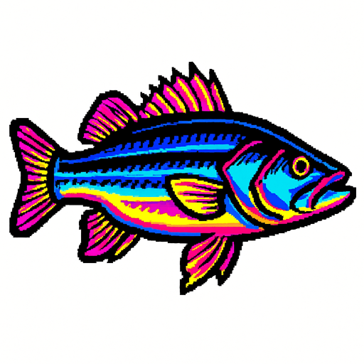 A sea bass. 80s arcade machine graphics. 
Swimming Side profile. White background. 
In-Game asset.  2d.  High contrast.  No shadows