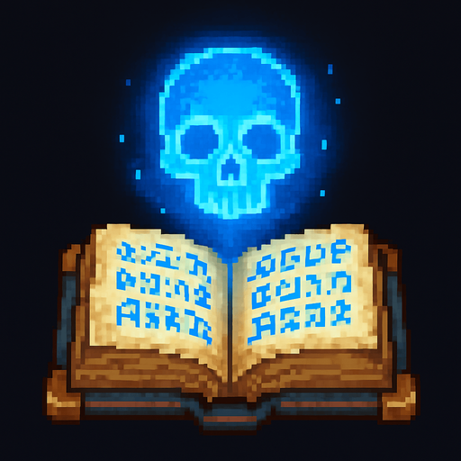 "2D pixel art of a glowing blue skull symbol emerging from an open magical spellbook. The spellbook has old, worn covers and glowing arcane runes on its pages. The skull symbol floats above the book, made of radiant blue magical energy, slightly transparent and softly glowingl. Style is classic 16-bit fantasy RPG pixel art. Transparent background.".
In-Game asset.  2d.  High contrast.  No shadows.
In-Game asset.  2d.  High contrast.  No shadows