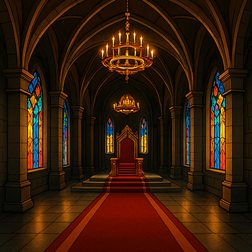 A massive medieval throne hall with golden chandeliers, crimson carpets, high arched ceilings, stained-glass windows casting colored light, majestic and solemn, realistic.
In-Game asset.  2d.  High contrast.  No shadows