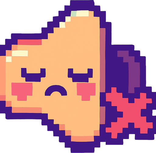 A small and cute pixel art icon representing sound off, designed for a 2D game UI. The icon shows the same round speaker, but now with a sad or sleepy face and a small red X or mute symbol on it. The sound waves are gone or faded out. The color palette is still colorful, using soft reds and purples. The style is playful, chibi, and pixel art, fitting a cute arcade game interface.