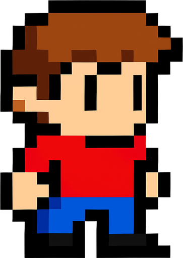 Make an 8 bit boy with brown hair.
In-Game asset.  2d.  High contrast.  No shadows