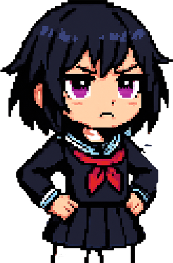 A cute anime-style girl in pixel art, with an emo aesthetic and striking purple eyes. She wears a classic Japanese school uniform (sailor fuku) and is often shown with a slightly grumpy expression, reflecting a bit of a tsundere personality. She stands confidently with her hands on her hips and a slight tilt to her posture. Behind her is a typical Japanese classroom, enhancing the school-themed atmosphere..
In-Game asset.  2d.  High contrast.  No shadows