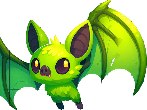 green bat.
Single Game Texture. In-Game asset. 2d. Blank background. High contrast. No shadows.