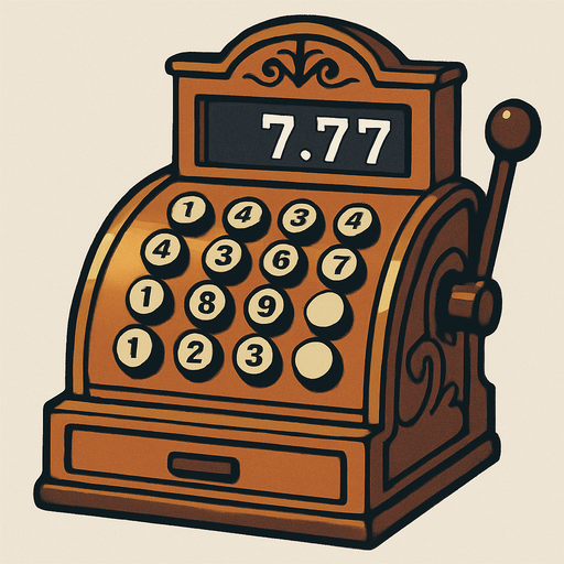 An old style cash register. The numeric read out says 7.77. Anime style..
In-Game asset.  2d.  High contrast.  No shadows