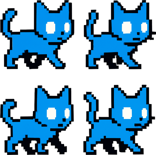 Haz los sprites de un gato azul sin pupilas caminando.
In-Game asset.  2d.  High contrast.  No shadows